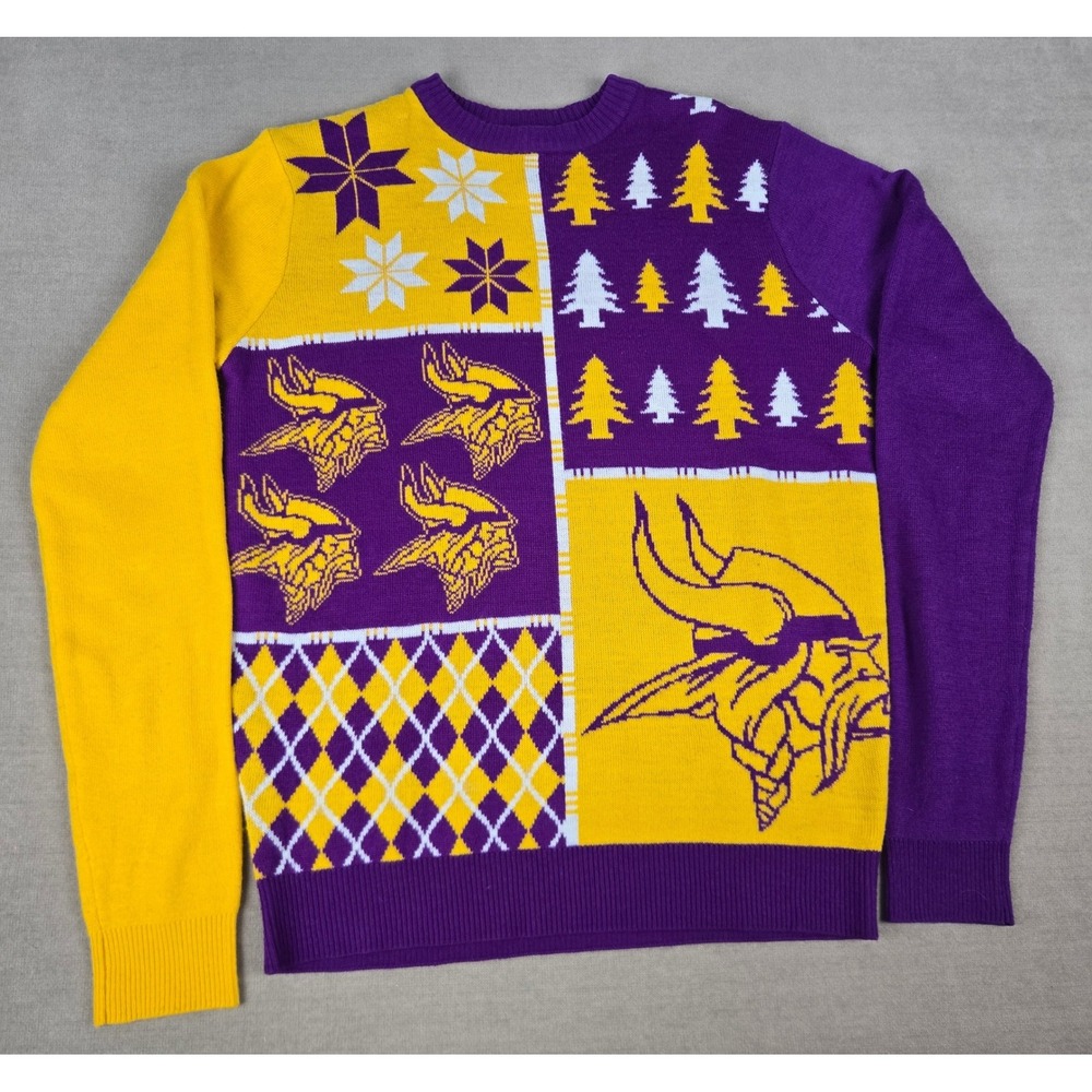 NFL Team Apparel Minnesota Vikings Purple Patchwork Ugly Christmas Sweater Med